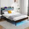 COSTWAY Single/Double/King Size Bed Frame with RGB LED Lights, Charging Station and Upholstered Storage Headboard, Industrial Metal Slats Support Platform Bed Base Mattress Foundation (5FT King)