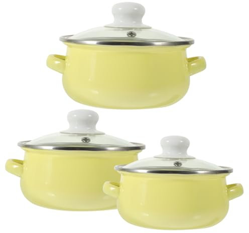 Generic 3pcs Enamel Pot Double Boiler Kitchen Stew Pot Removable Enamel Double-Boiler Noodle Cookware Stock Compartment Wok Pan Oblong Bowl Yellow
