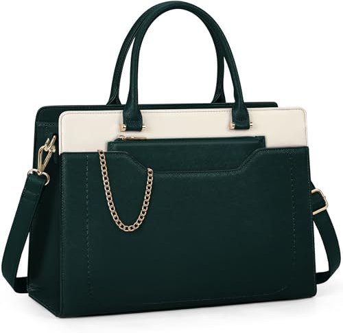 RAINSMORE Shopper Damen Groß Laptop Handtasche Damen 15.6 Zol PU Leder Arbeitstasche Lehrertasche Wasserdicht Laptoptasche mit Geldbörse für Business Büro Schule Grün+Weiß