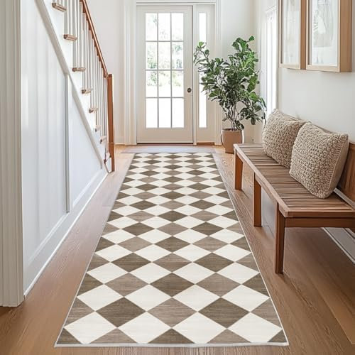 Chicnix Teppich Flur Küche 80x300, Teppich Läufer Waschbar Kurzflor rutschfest für Schmalen Gang, Moderner Kariert Geometrisch Teppiche für Eingangsbereich Schlafzimmer Dekor, Braun Beige Weiß