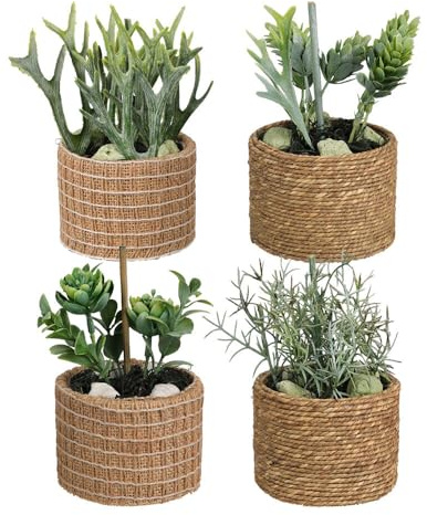Murago - 4er Set Kunstpflanze im Topf ca.14cm - künstliche Pflanzen mit Töpfen im Jute Design kleine Pflanzen Modern Boho Skandi Landhaus Dekoration Küche Badezimmer Rosmarin Korallen Sukkulenten