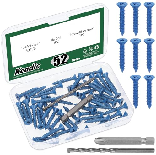Keadic 50 PCS 3/16 Concrete Screw Anchor with Phillips Flat Head & Drill Bit Set - Perfect for Anchoring to Masonry, Block or Brick Stucco,Secure Fastening on Concrete (Blue,Long 32mm/1-1/4in)