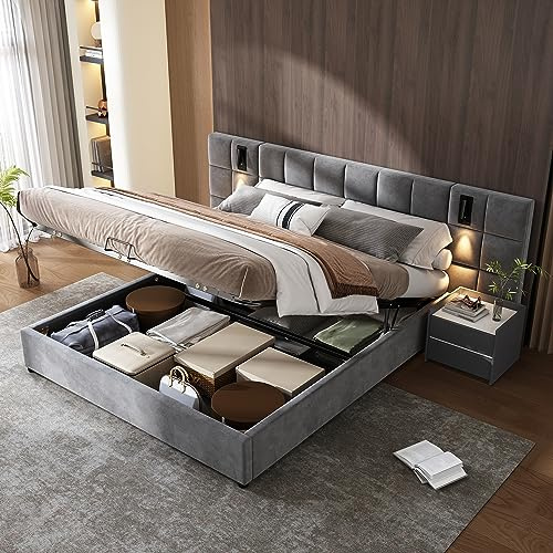 ModernLuxe Upholstered Super King Size Bed, 6FT Bed Frame with Directional Lamp and USB Charging, Ottoman Bed with Wide Headboard, Checkerboard Pattern, Without Bedside Tables, Velvet Grey, 180x200cm