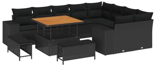 vidaXL 12-teilige Garten-Sofa-Gruppe mit Kissen in Schwarz aus Poly Rattan. Moderne Gartenmöbel, UV-beständig und perfekt für große Terrassen und Balkone. Modularer Patio aus Akazie.