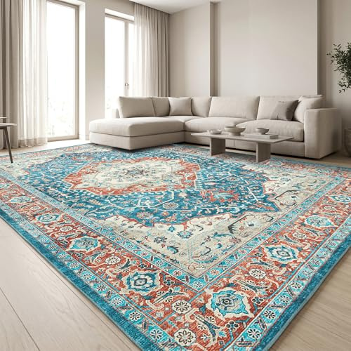 Aspire Homeware Machine Washable Extra Large Orange Teal Rugs Living Room 240x320 cm Low Pile Area Rugs For Bedroom, Dining Room, Soft Non Slip Carpet for Kids Room Vintage Design Boho Rug, Regal