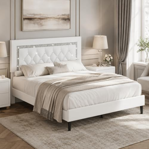 HOMBCK Double Bed Frame, Upholstered Platform Bed with Diamond Tufted Headboard, Wood Slat Support, No Box Spring Needed, White, 135x 190