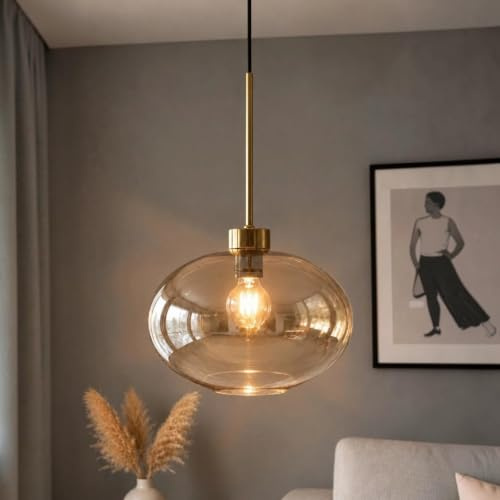 bamyum Solvia-Rod Pendelleuchte Vintage Glas, 25 cm Retro Hängelampe Esstich, Pendelleampe Kugel, Küchenlampe Wohnzimmer E27, Glaslampe Hangend, Lampenschirm