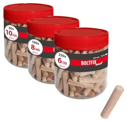 TOX Set tasselli Boltfix Wood (430 pz) in faggio, misure 6/30, 8/40, 10/40, connessioni robuste per mobili, in barattolo, 015909004