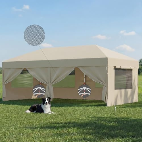 JUMMICO 3x6m Faltpavillon mit Insektenschutz & Belüftung|Rollos + Lüftungsfenster|1-Minuten Schnellaufbau|10cm höhere Dachfläche,Beige