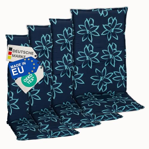 NYVI Gartenstuhl Auflagen Hochlehner 4er Set Barcelona - UV-Beständig, Atmungsaktiv, Strapazierfähig - Hochlehnerauflagen Sitzkissen Outdoor - Sitzauflagen für Gartenstühle 118x50cm Blume Hellblau