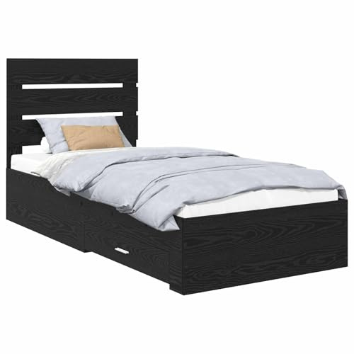 Foknhdi Stauraumbett Schwarz Eiche 90x190 cm Modernes Bettgestell mit Schubladen Holzwerkstoff Langlebig Platzsparend für kleine Schlafzimmer und Jugendzimmer