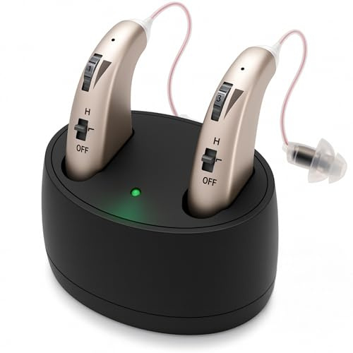 Genzo Amplificador de Sonido Personal Recargable (2 Unidades) - Ultraligero (Solo 3.9g) - Retroauricular (BTE) - Volumen Ajustable - Base de Carga Magnética - hasta 40 Horas de Autonomía