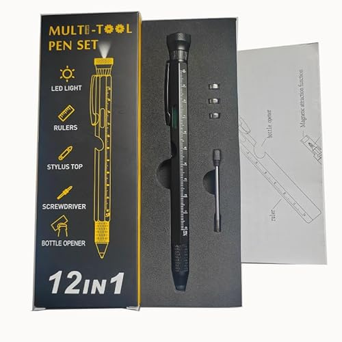 Multi Tool Pen Set, 12 in 1 Multi Tool Pen for Men, with LED Light, Ruler, Level, Screwdriver, Bottle Opener, Massage Top, Clip, Cool Gifts for Men, Christmas, Fathers Day, Birthday Gadgets
