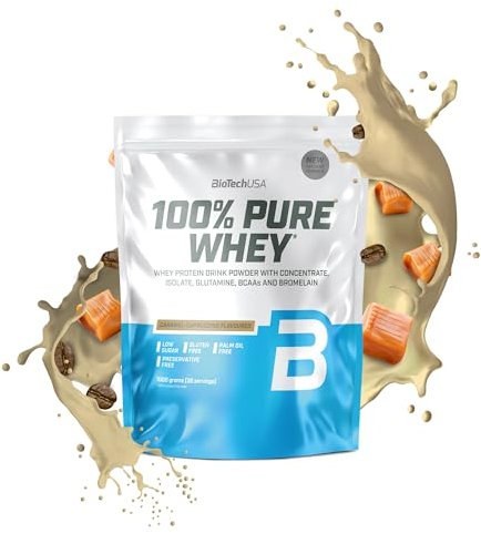 BioTechUSA 100% Pure Whey | Proteinpulver mit BCAA und Glutamin | Glutenfrei, Palmölfrei | 21g Protein pro Portion, 1 kg, Karamell-Cappuccino