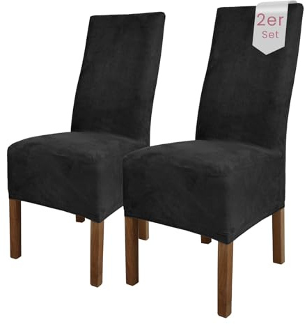 Scheffler Home Stuhlhussen Schwarz 2er Set Velours Stretch Leon | Elastische und waschbare Stuhlbezüge,Öko-Tex zertifiziert,für Esszimmerstühle, Hochlehner und Polsterstühle