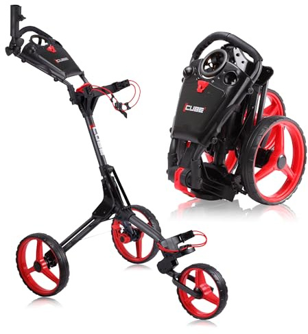 Cube CART Golfwagen mit 3 Rädern, zum Öffnen und Schließen in Zwei Schritten, Kleinster Faltbarer, Leichter Golfwagen der Welt, Farbe wählbar, Anthrazit/Rot