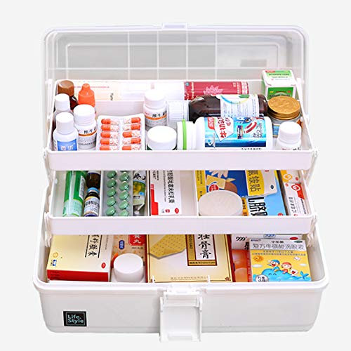 Hausapotheke Schrank, Likeluk Medizinbox Kunststoff 3 Ebene transparente Erste Hilfe Box Multifunktions Sortierkasten mit Griff, 33×18×17.5cm (Weiß)