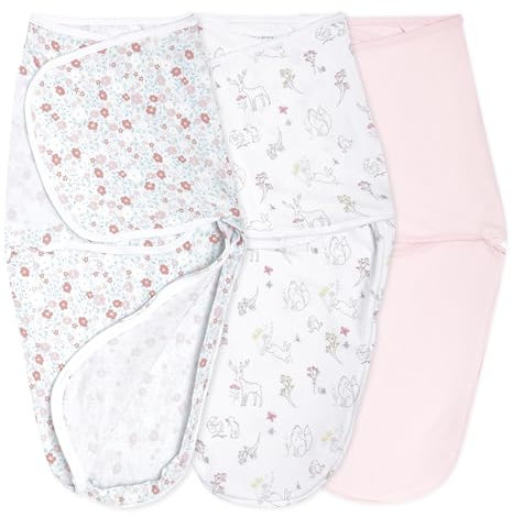 aden + anais essentials Easy Swaddle™ wrap, Baby-Pucksack für mühelos pucken, Wickel-Pucktuch aus 100% Baumwolle für Neugeborene, 4-6 Monate, 1,0 TOG, 3er-Pack, Fairy Tale Flower