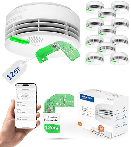 Hekatron Genius Plus X Rauchmelder vernetzt mit Funkmodul Basis X – 12 Stück | 10 Jahre Batterie – Testsieger Stiftung Warentest – made in Germany – Funkrauchmelder Set – mehrsprachig