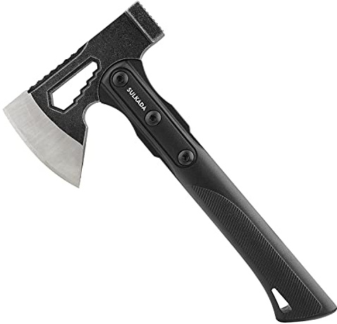 SULKADA Hacha de camping, hacha de supervivencia de 10.5 pulgadas, hoja de acero inoxidable, mango de reducción de golpes de fibra de vidrio con agarre antideslizante, para cortar madera, jardinería y