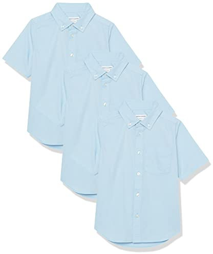 Amazon Essentials Boys' Uniform Short-Sleeved Woven Stretch Poplin Button-Down Shirts, Pack of 3, Blue, 9 Years