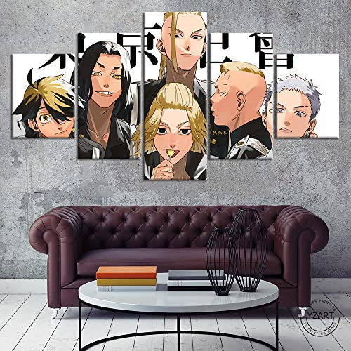 Wondbeau Leinwanddrucke Modulare Wandkunst Wandaufkleber 5 Teiliges Wandbild Druck auf Leinwand Malerei Moderne Abstrakte Poster Mit Rahmen L/150cm×80cm Tokyo Revengers,Anime-Charaktere