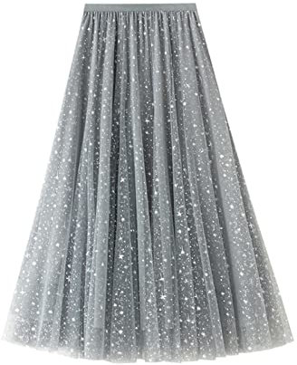 SotRong Glitzer Tüllrock Grau Damen Midi Überlagerter Mehrlagiger Elastischer Hoch Taillierter A Linien Tutu Rock Mesh-Chiffon-Faltenrock mit Blumendekoration