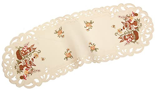 Quinnyshop Ostern Tischläufer Häschen Ostereier Stickerei Ecru Creme Leinen Optik ca. 38 x 109 cm Oval