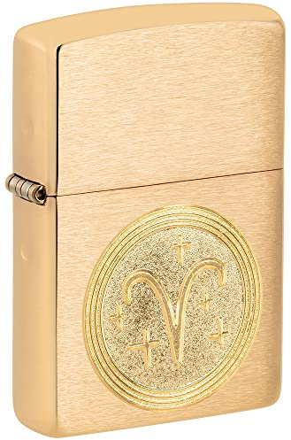 Zippo Sturmfeuerzeug - Modell Aries Emblem Sternzeichen - Brushed Brass Finish - Nachfüllbar - Wiederverwendbar - Windfestes Design - Geschenkbox - Made in USA