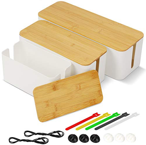 3 Pack Cable Management Box, Wire Organizer Box to Cover and Hide Power Strips & Cords, Wood Lid, Cord Hider Organiser Desk TV Computer Under Desk USB Hub System Tidy (L+M+S) (White)