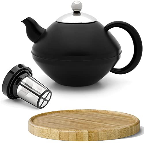 Teekanne Set 1.4 Liter - Edelstahl doppelwandig Schwarz matt - Großer Klassischer Teebereiter mit Tee-Filter-Sieb-Aufsatz für losen Tee - inkl. Holz-Untersetzer braun