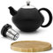 Teekanne Set 1.4 Liter - Edelstahl doppelwandig Schwarz matt - Großer Klassischer Teebereiter mit Tee-Filter-Sieb-Aufsatz für losen Tee - inkl. Holz-Untersetzer braun