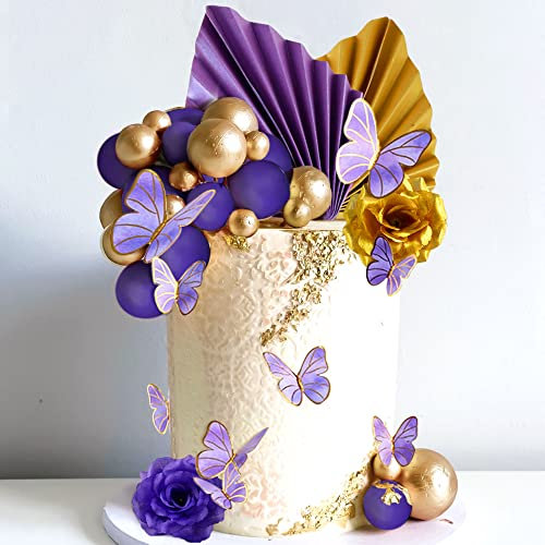 JeVenis Purple Cake Decorations Rose Cake Topper Purple Butterfly Cake Decorations Palm Leaves Cake Decoration Balls Cake Topper Wedding Cake Decoration Disco Cake Decor