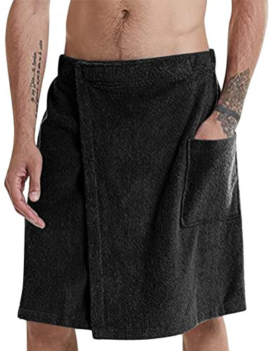 Oanviso Asciugamano da Bagno Uomo con Chiusura in Pull-On e Tasca Classico Colore Solido Asciugamano da Bagno Gonna con Elastica Kilt da Sauna per Casa o Sauna Morbido Confortevole A Nero L