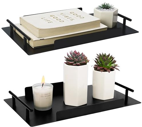BELLE VOUS 2er Pack Bad Organizer Tablett - 20x33cm Dekotablett Tray - Badezimmer Deko Serviertablett Set - Servierplatten aus Edelstahl - Kleines Tablett Set in Schwarz