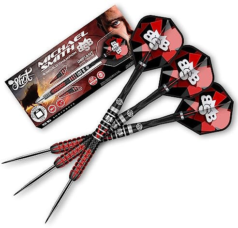 Shot! Steel Darts | Michael Smith | Bully Boy | Defiant | 90% Tungsten Steeltip Darts | Steeldart | Hochwertige Tungsten Dartpfeile Set mit Schäften und Flights | Made in Neuseeland | 23 Gramm