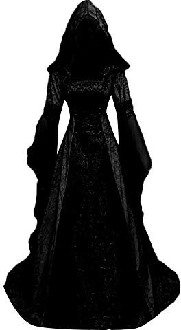AMhomely Medieval Womens Vintage Hooded Witch Cloak Dress - Square Neck, Lace Up Waist, Floor Length, Trumpet Sleeve - Halloween Cosplay Renaissance Gown
