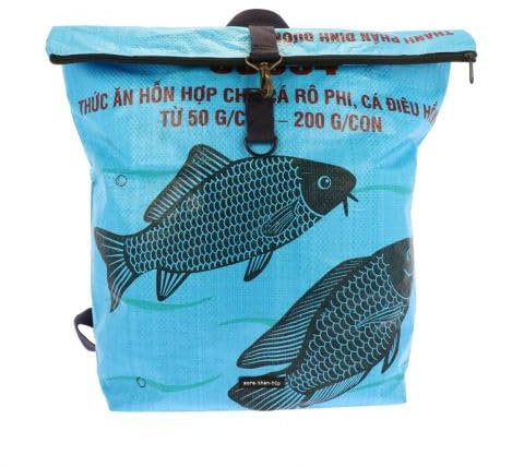 More Than Hip - Rolltop Rucksack aus recycelten Fischfuttersäcken – Wasserbeständig, leicht & geräumig (17,4 L) – Nachhaltig & Fair produziert - Tantor Fisch blau-27 x 42/50 x 14 cm