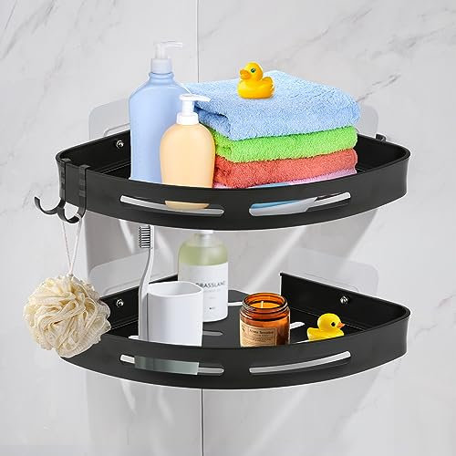 Jwogngls Duschablage Ohne Bohren, 2 Stück Duschregal Dreieck Badregal, Aluminium Duschgelhalter Duschkorb Duschhalterung, Duschablage Ecke Mit 6 Haken für Küche Badezimmer
