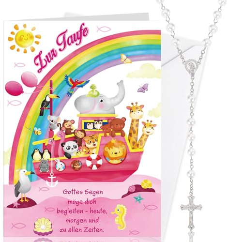 DPKOW Taufgeschenke für Mädchen, Rosa Karte Taufe mit Rosenkranz für Mädchen Taufe Gefälligkeiten, Waldtieren Glückwunschkarten zur Taufe mit Rosenkränze für Patenkind Geburt Geschenke