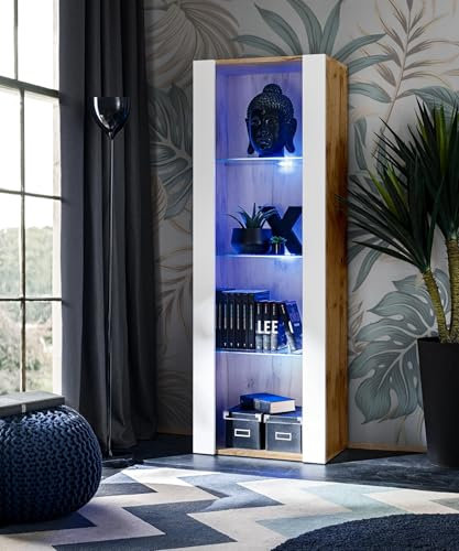 Komodee Vitrine Schrank Tivoli, Weiß/Wotan, Breite 55cm x Höhe 159cm x Tiefe 35cm, LED Blau, 3 Regalböden, für Wohnzimmer, Schlafzimmer, Eingang