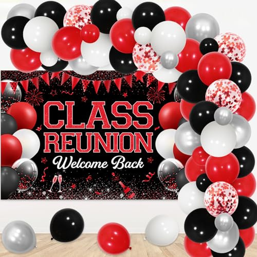 Klassentreffen Party Dekorationen – Rot und Schwarz Ballon Girlande Bogen Kit mit Welcome Back Class Reunion Hintergrund, High School Reunion Party Fotografie Hintergrund Supplies