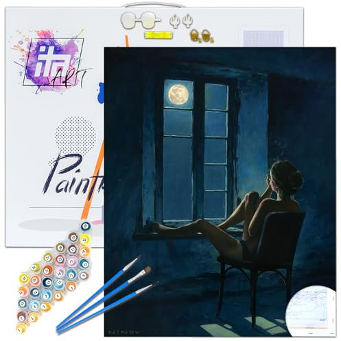 ITA Art Malen nach Zahlen Komplett Set mit Keilrahmen, Acrylfarben, Pinseln, Zubehör, Geschenkbox - DIY Gemälde Bastelset Kit mit Leinwand für Erwachsene, 40x50 cm, In der Stille der Nacht