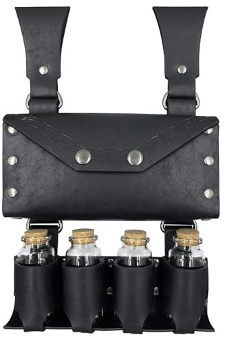 HiiFeuer Mittelalterliche Alchemie Kunstleder Gürteltasche mit 4 Kork Zaubertrank Fläschchen, Fantasy Wizard Hüfttasche Side Pack für Halloween (Schwarz A)