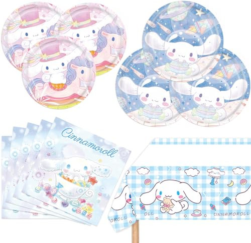 Décorations d'anniversaire Cinnamoroll, 20 assiettes, 20 serviettes et 1 nappe pour garçons et filles