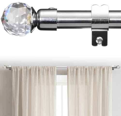Gardinenstange, 71-308cm Gardinenstange Vorhangstange Verstellbare Beschläge Set mit Halterungen aus Edelstahl - 16 mm Durchmesser mit Acryl Diamant Endstück/Silber