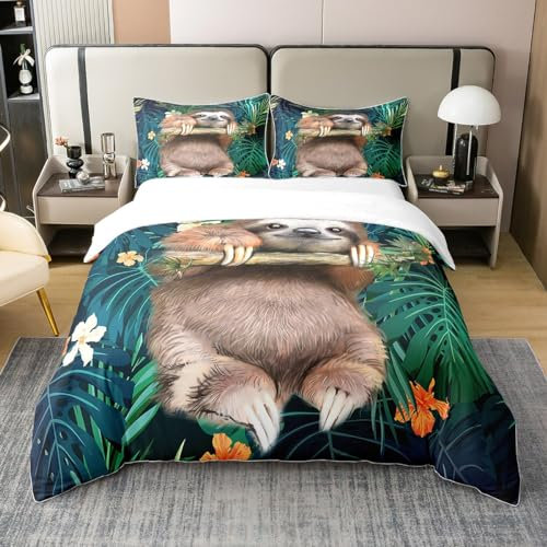 Loussiesd Kinder-Bettwäsche-Set mit niedlichem Faultier,-Tier-Bettbezug-Set für Jungen und Mädchen, lustiges faules Faultier Tropische Blätter Blumendruck Bettwäsche Set 135x200cm 100% Baumwolle
