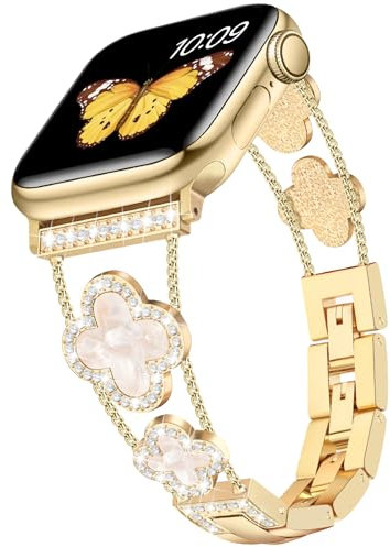 Tasikar Bling Diamant Damenarmband Kompatibel mit Apple Watch Armband 49mm 46mm 45mm 44mm 42mm Ultra SE Serie 11 10 9 8 7 6 5 4 3 2 1 süßes Glückskleeblatt elegantes Ersatzarmband (Gold)