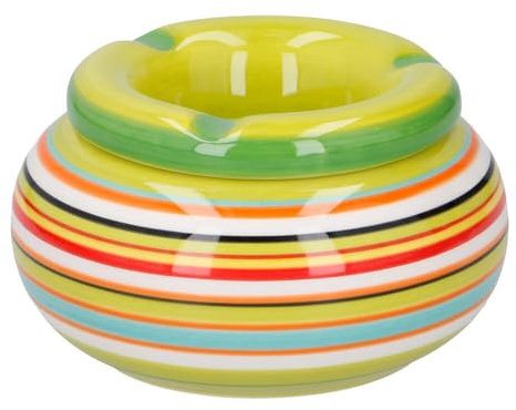 Murago - Aschenbecher Keramik ca. 11x6 cm Grün gestreift - für draussen mit Deckel Outdoor rund Tischaschenbecher Garten Balkon Ascher Windaschenbecher