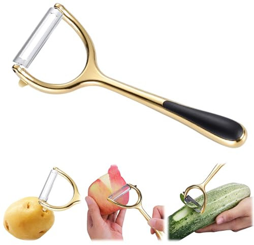 Stainless Steel Vegetable Peeler,Julian Y Peelers with Potato Eye Remover Non-Slip Handle for Apple Carrot Peelers-Kitchen Gadgets (Gold, Flat)